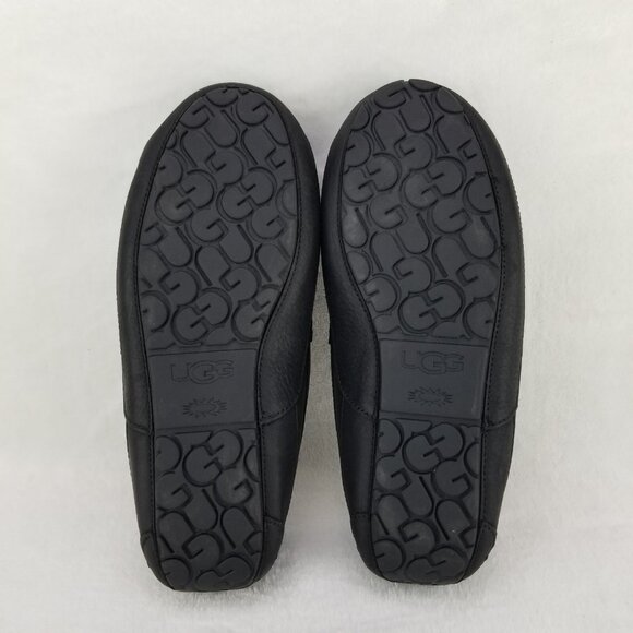 ✅UGG Ascot Black Leather Gray Sheepskin Lined Moc Toe Slippers Men’s 13 Comfort - Picture 3 of 12